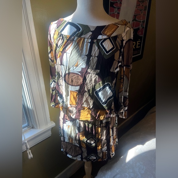 BCBGMaxAzria Brown and Blue Asymmetrical Dolman Sleeve Sundress - Picture 1 of 2